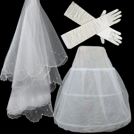 花嫁ウエディングドレス小物/新デザイン/上品花嫁ウエディングドレス ベール、グローブ、バニエ3点セット